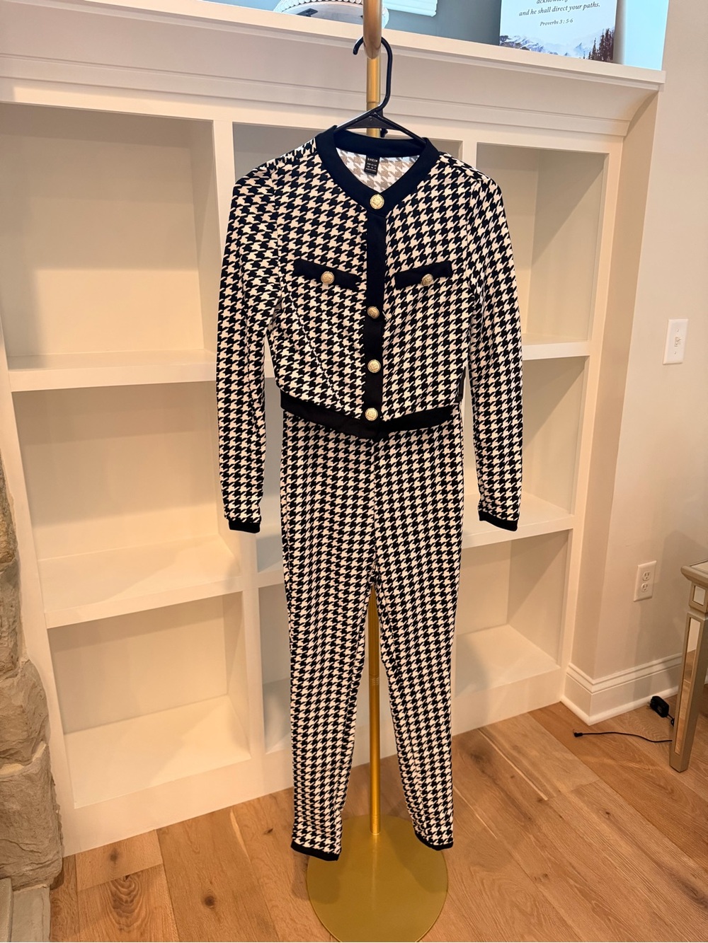 SHEIN Black & White Houndstooth Knit Set with Gold Button